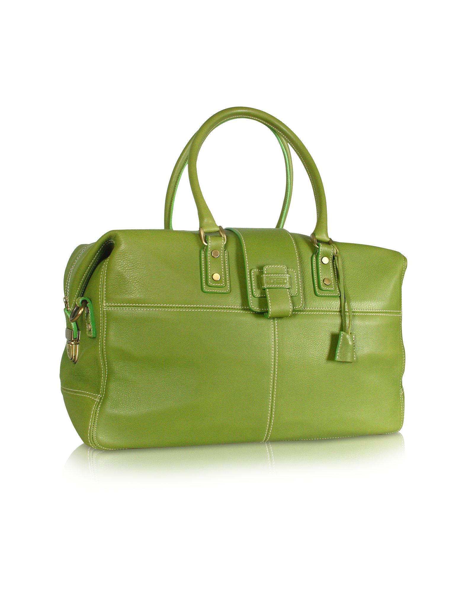 green leather duffle bag
