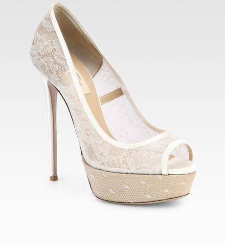 Valentino Lace & Satin Bridal Peep Toe Platform Pumps in Beige (nude) - Lyst