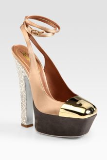 Yves Saint Laurent Tie-up Satin and Suede Platform Pumps - Lyst