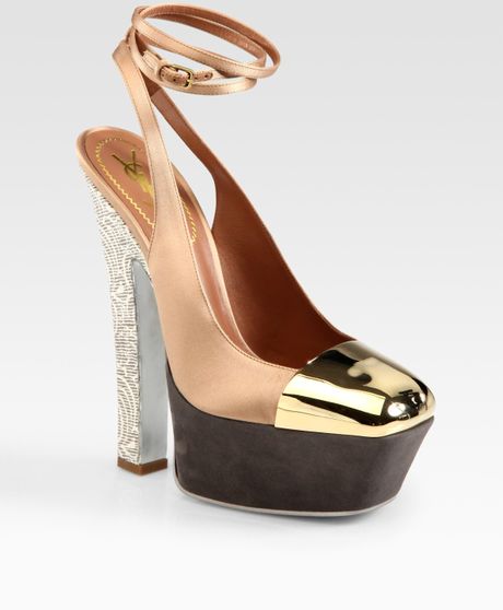 Yves Saint Laurent Tieup Satin and Suede Platform Pumps in Multicolor (multi) - Lyst