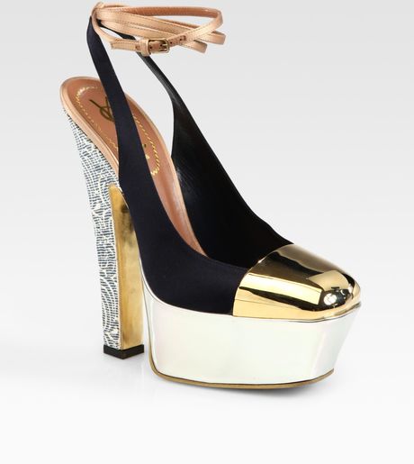 Yves Saint Laurent Tieup Satin Suede & Patent Leather Platform Pumps in Multicolor (multi) - Lyst
