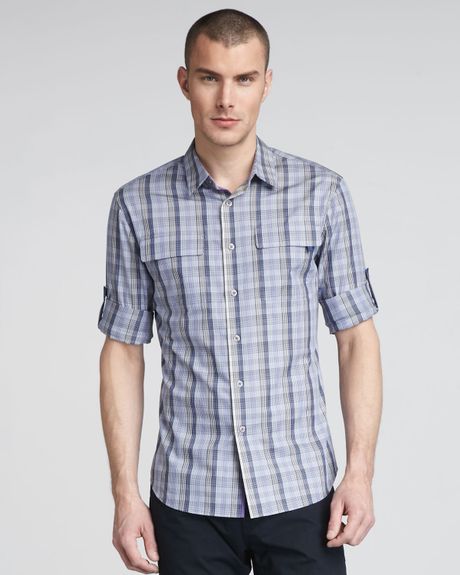 Elie Tahari Zac Twopocket Plaid Shirt in Blue for Men (purple shell) - Lyst
