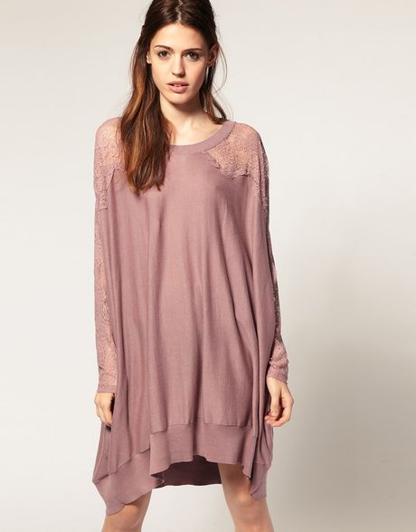Asos Collection Asos Knitted Trapeze Dress with Lace Insert in Purple (mink) - Lyst