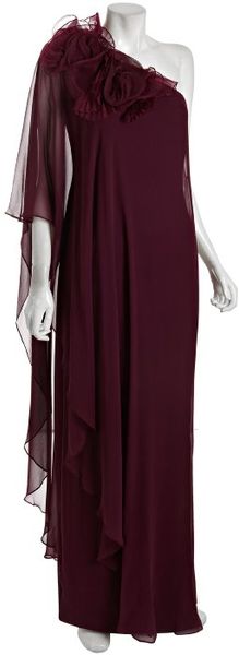  Plum Silk Chiffon One Shoulder Flower Detail Evening Gown 