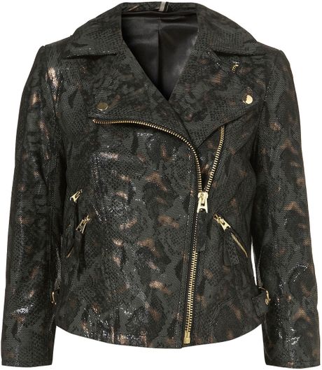Topshop Metallic Snakeskin Leather Jacket in Green - Lyst