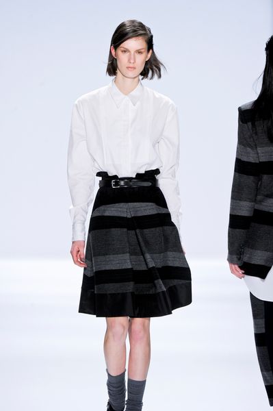 Richard Chai Fall 2012 Striped Skirt with Large Pleats in Gray (black, grey) - Lyst