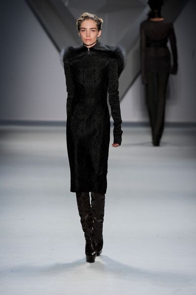 Vera Wang Fall 2012 Fur Trimmed Geometric Print Coat  in Black - Lyst
