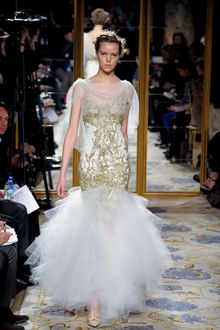 Marchesa Fall 2012 Cape Sleeve Evening Gown With Tulle Skirt, Golden Embroidery And Spaghetti Straps - Lyst