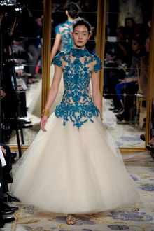 Marchesa Fall 2012 Short Sleeve Evening Dress With See Through Top With Blue Embroidery And Cream Layered Tulle Skirt  - Lyst