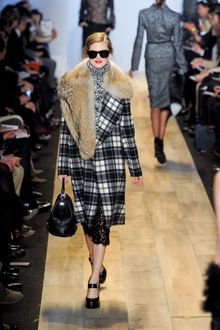 Michael Kors Fall 2012 Long Plaid Wool Single-Breasted Coat with Fur Embellished Collar - Lyst