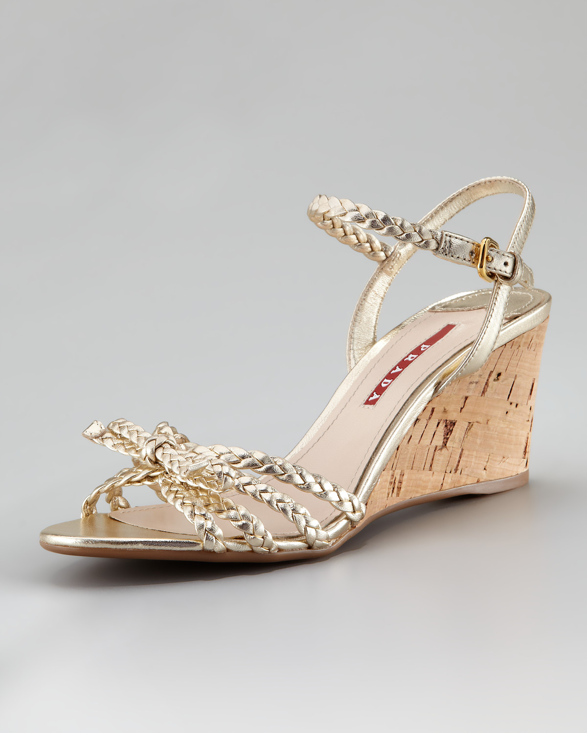 Prada Metallic Braided Cork Wedge Sandal In Gold Lyst 4633