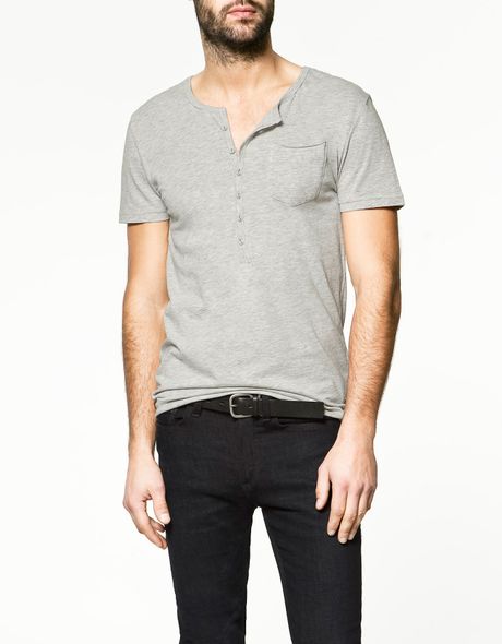Zara Button-neck T-shirt in Gray for Men (grey)