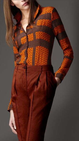 Burberry Tile Print Silk Shirt in Orange (orange ochre) - Lyst