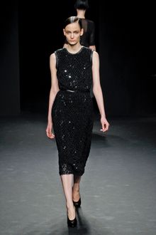 Calvin Klein Fall 2012 Sleeveless Knee Length Pencil Net Dress With Leather Binding On Armholes And Neckline In Black  - Lyst