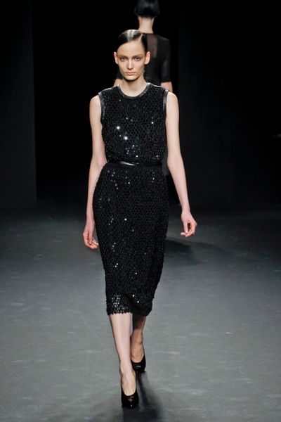 Calvin Klein Fall 2012 Sleeveless Knee Length Pencil Net Dress With Leather Binding On Armholes And Neckline In Black  in Black - Lyst
