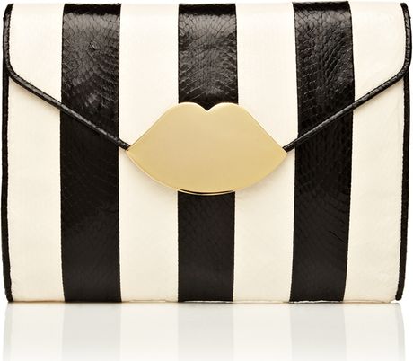 Lulu Guinness Black and White Stripe Snakeskin Small Envelope Clutch in Black - Lyst