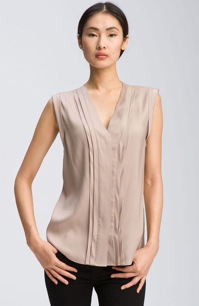 Valette Pleat Detail Sleeveless Silk Top in Gray (light shadow grey) - Lyst