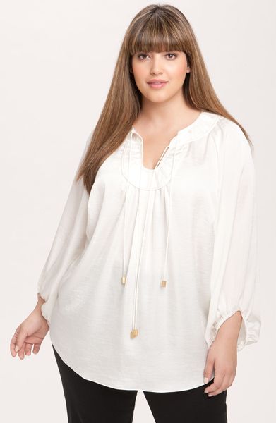 Vince Camuto Tie Neck Peasant Blouse In White Antique White Lyst