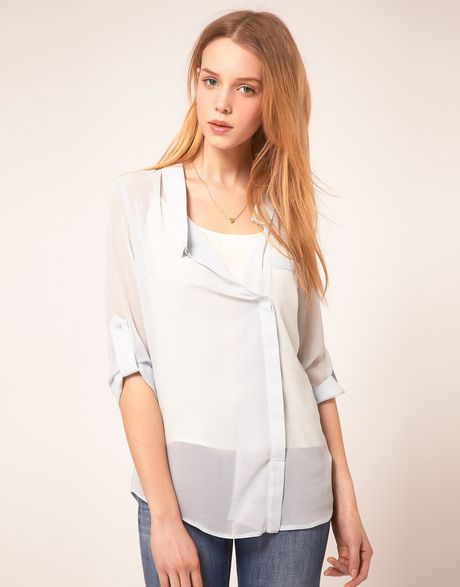 Asos Collection Asos Blouse with Wrap and Dropped Collar in White (paleblue) - Lyst