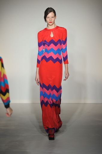 House Of Holland Fall 2012 Long Sleeve Red Maxi Dress in Multicolored Zigzag Print - Lyst