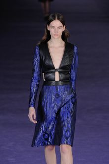 Christopher Kane Fall 2012 Long Sleeve Knee Length Deep Decolletage Polyester Dress With Leather Panels In Electric Blue And Red - Lyst