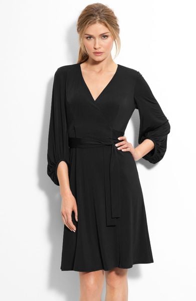Donna Ricco Bloused Sleeve Faux Wrap Dress in Black - Lyst