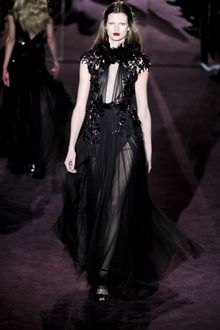 Gucci Fall 2012 Short Sleeve See-Through Embellished Evening Gown With Ruffled Collar, Deep Decolletage, Beading And Layered Skirt In Black  - Lyst