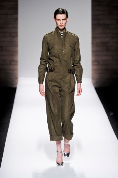Max Mara Fall 2012 Long Sleeve Cropped Leg Military Style Jumpsuit With Attached Leather Belt In Khaki in Khaki - Lyst