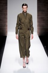 Max Mara Fall 2012 Long Sleeve Cropped Leg Military Style Jumpsuit With Attached Leather Belt In Khaki
