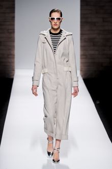Max Mara Fall 2012 Wool Long Sleeve Jumpsuit With Cropped Pants, Hood And Leather Belt Detail In Pale Grey  - Lyst
