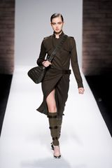 Max Mara Fall 2012 Mid-Length Long Sleeve Military Dress with Slinging Crocodile Belt and Deep Front Slit