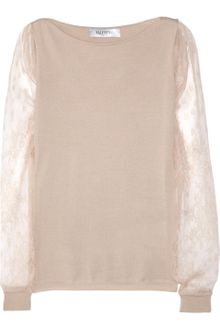 Valentino Lace-sleeved Fine-knit Wool-blend Sweater - Lyst
