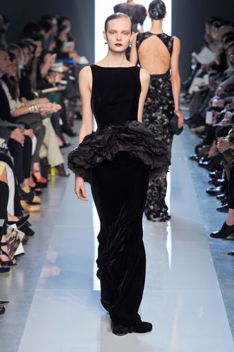 Bottega Veneta Fall 2012 Sleeveless Floor Length Black Velvet Gown With Layered Organza Peplum - Lyst