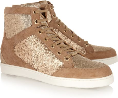 Jimmy Choo Tokyo Suede and Glitterfinish Hightop Sneakers in Beige (sand) - Lyst