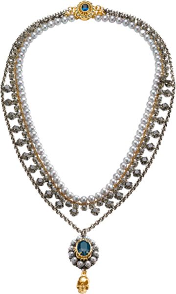 Mawi Grey Pearl And Sapphire Skull Necklace in Gray (grey) - Lyst