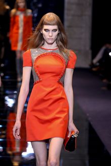 Versace Fall 2012 Short Sleeve Mini Dress In Red With Silver Top Panel And Binding  - Lyst