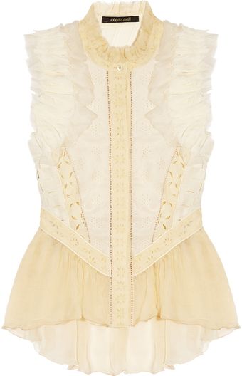 Roberto Cavalli Silk-chiffon and Broderie Anglaise Cotton Top - Lyst