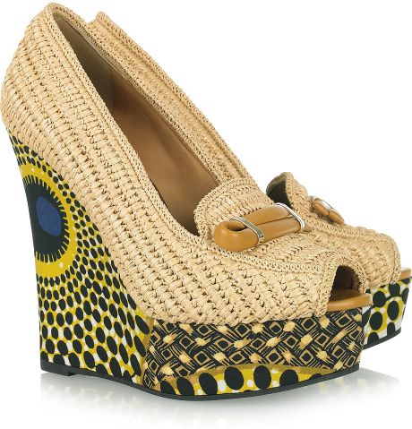 Burberry Prorsum Woven Raffia and Printed Wedge Pumps in Beige (brown) - Lyst