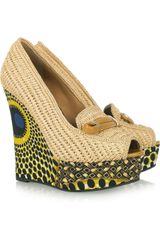 Burberry Prorsum Woven Raffia and Printed Wedge Pumps