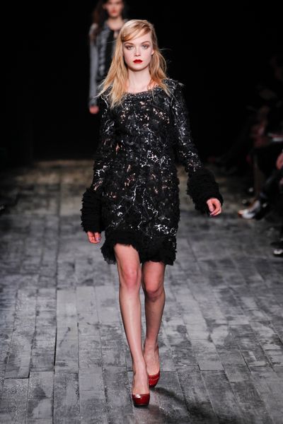 Nina Ricci Fall 2012 Lace Inset Ruffle Cuff Dress in Black - Lyst