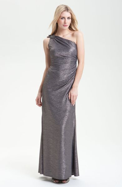 David Meister One Shoulder Metallic Gown in Gray (gunmetal) - Lyst
