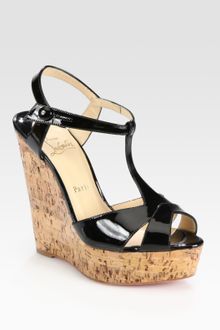 Christian Louboutin Patent Leather T-strap Cork Wedge Sandals - Lyst