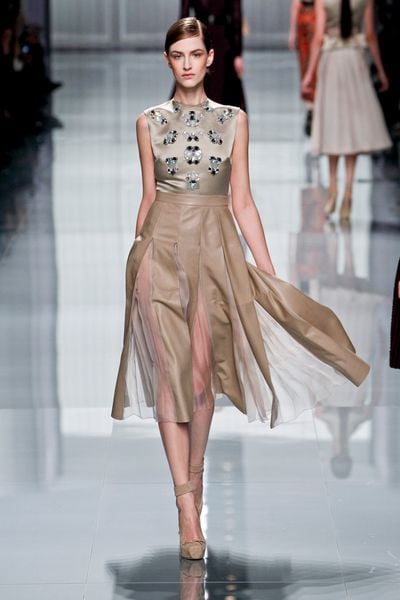 Dior Fall 2012 Leather Inset Sheer Hem Skirt  in Beige (grey, natural) - Lyst