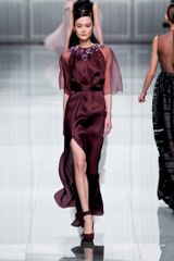 Dior Fall 2012 Silk and Satin Belted Purple Evening Dress with Transparent Short Sleeves, Rich Stone Embroidered Neckline and Large Thigh-High Slit