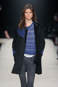 Isabel Marant Fall 2012 Long Suede Black Collarless Coat with Blue Yoke Applique - Lyst