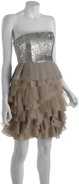 Alice + Olivia Taupe Silk Sequin Bust Mei Tiered Strapless Dress - Lyst