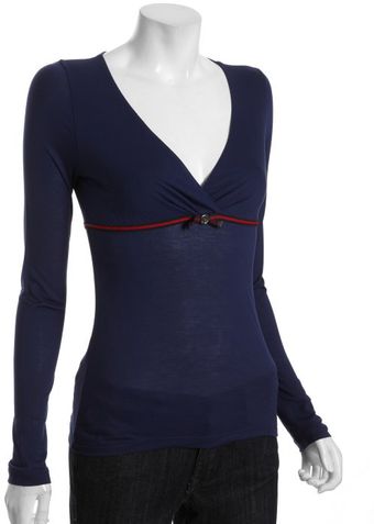  Blue Knit Web Stripe V-neck Top 