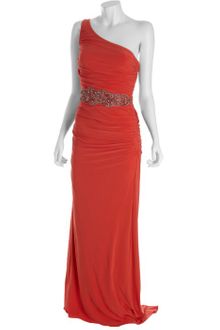 Badgley Mischka Coral Ruched Knit Jersey One Shoulder Gown W/ Beaded Belt - Lyst