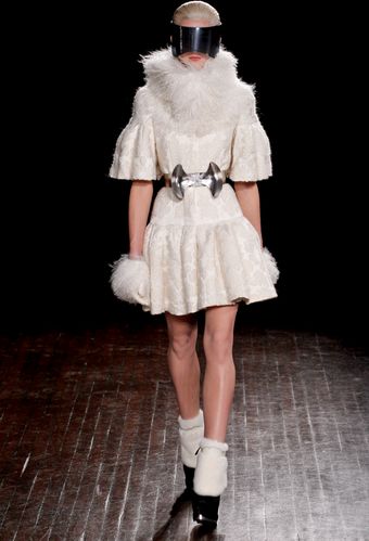 Alexander McQueen Fall 2012 White Fur Mini Dress with Trumpet Sleeves and Mongolian Fur Collar - Lyst