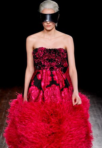 Alexander McQueen Fall 2012 Strapless Dress wtih Rosette Bodice and Ostrich Fur Trim - Lyst